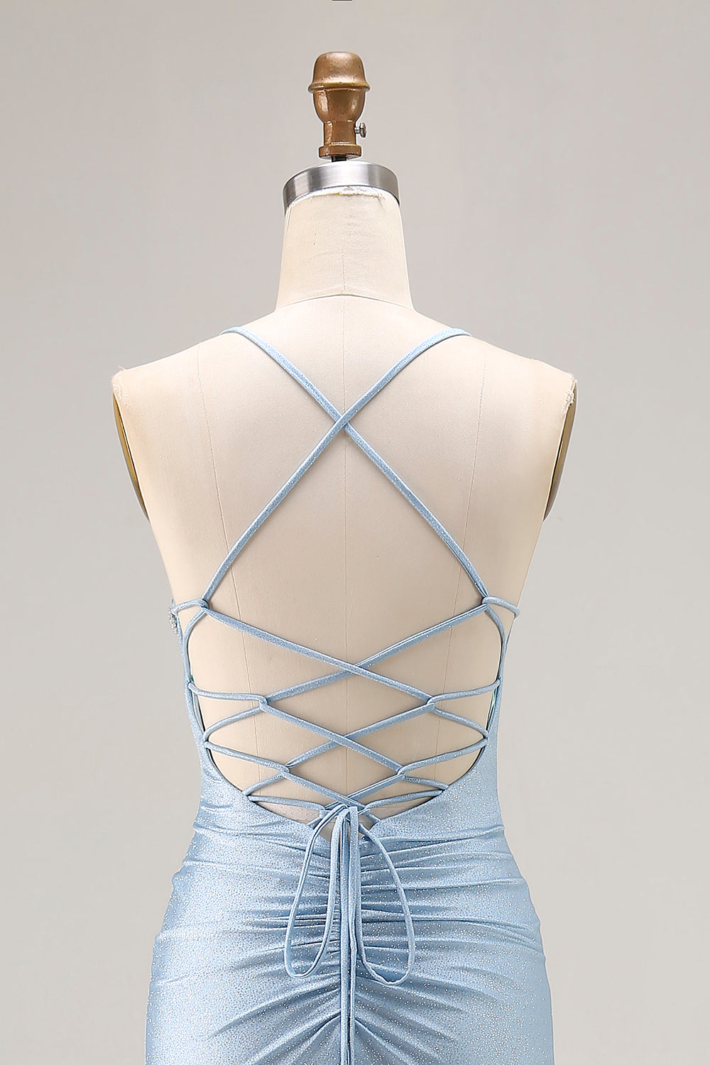 Sparkly Light Blue Beaded Mermaid Satin Long Prom Dress with Slit