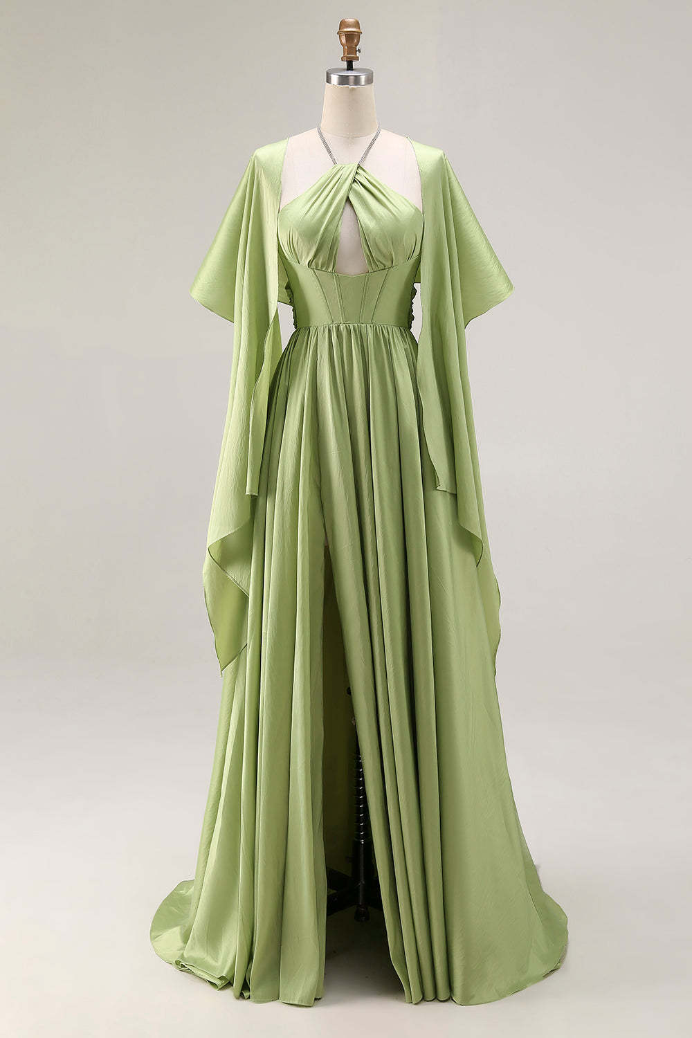 Sage Green A Line Keyhole Long Corset Prom Dress with Slit