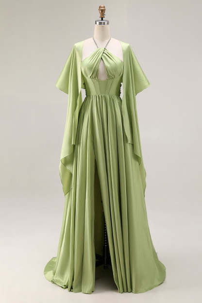 Sage Green A Line Keyhole Long Corset Prom Dress with Slit