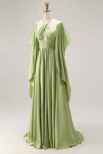 Sage Green Keyhole Corset A Line Long Prom Dress with Slit