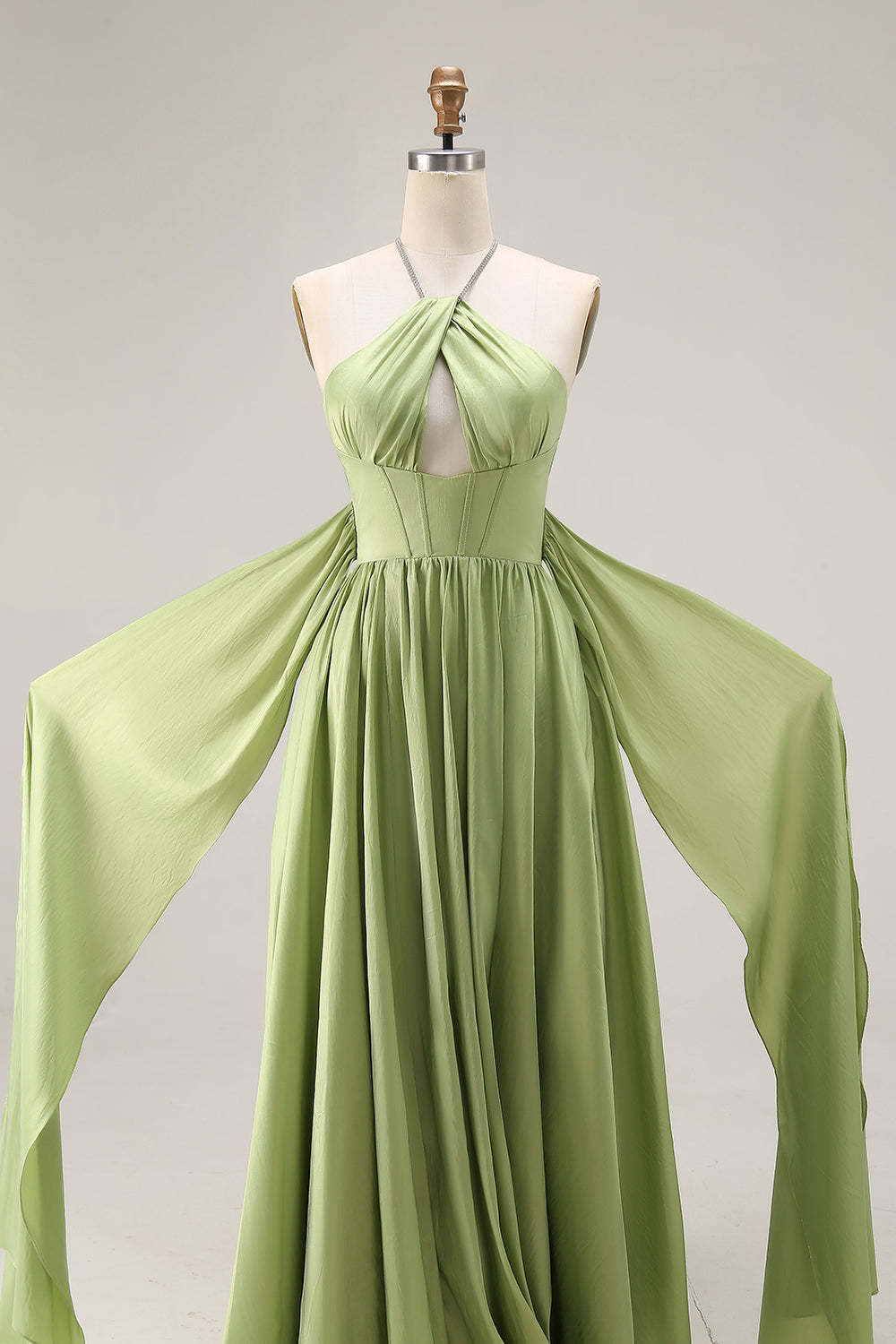 Sage Green Keyhole Corset A Line Long Prom Dress with Slit