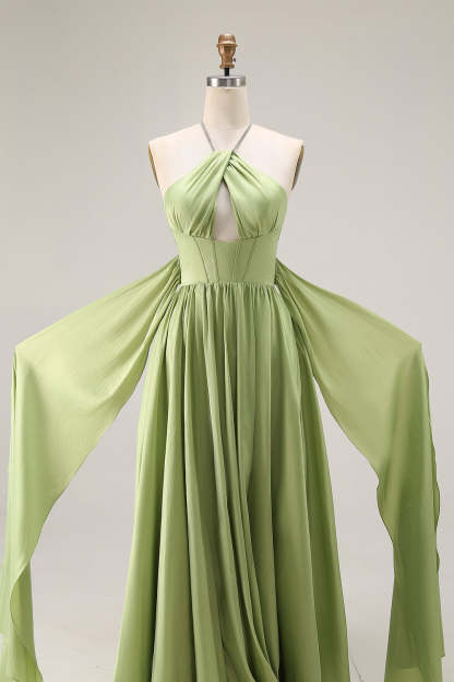 Sage Green Keyhole Corset A Line Long Prom Dress with Slit