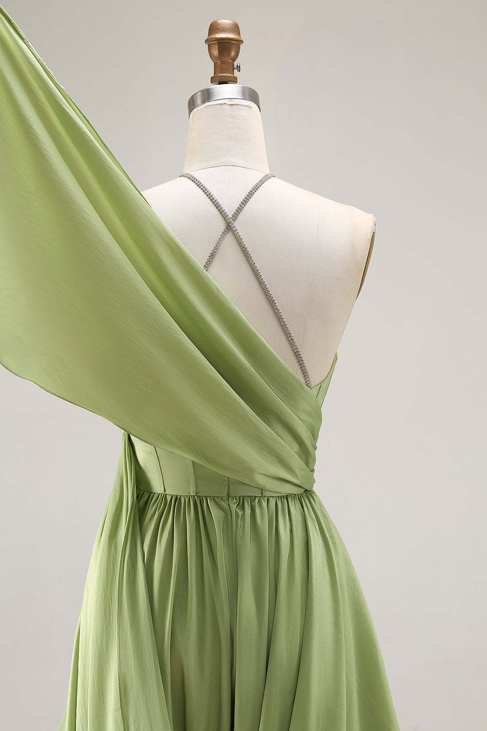 Sage Green Keyhole Corset A Line Long Prom Dress with Slit