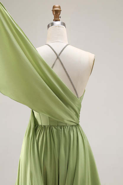 Sage Green Keyhole Corset A Line Long Prom Dress with Slit