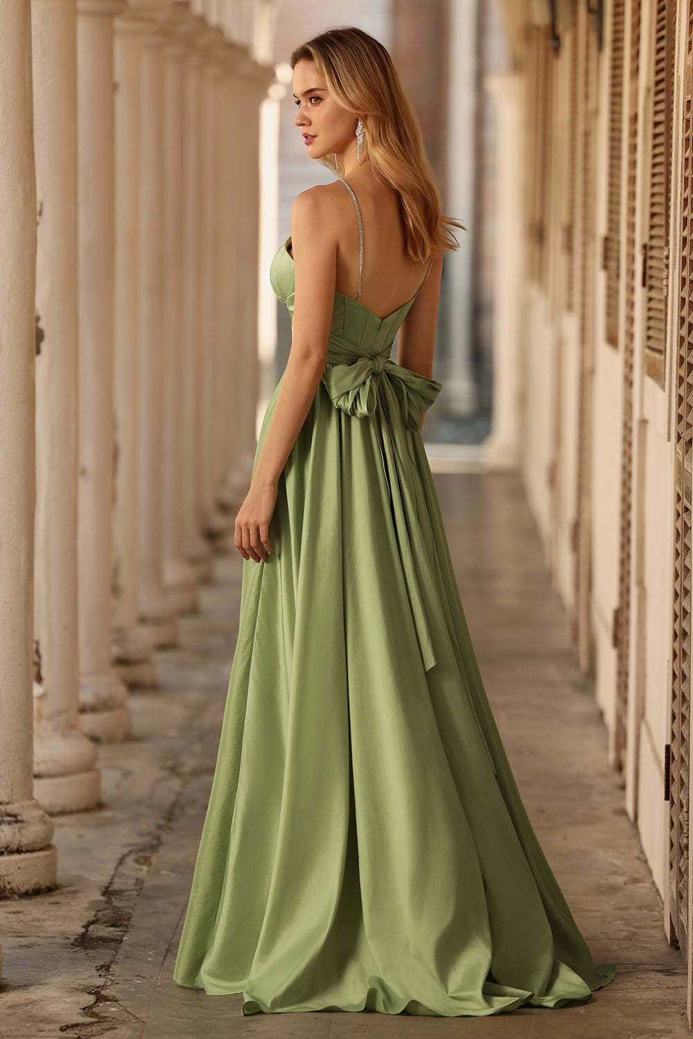 Sage Green A Line Keyhole Long Corset Prom Dress with Slit