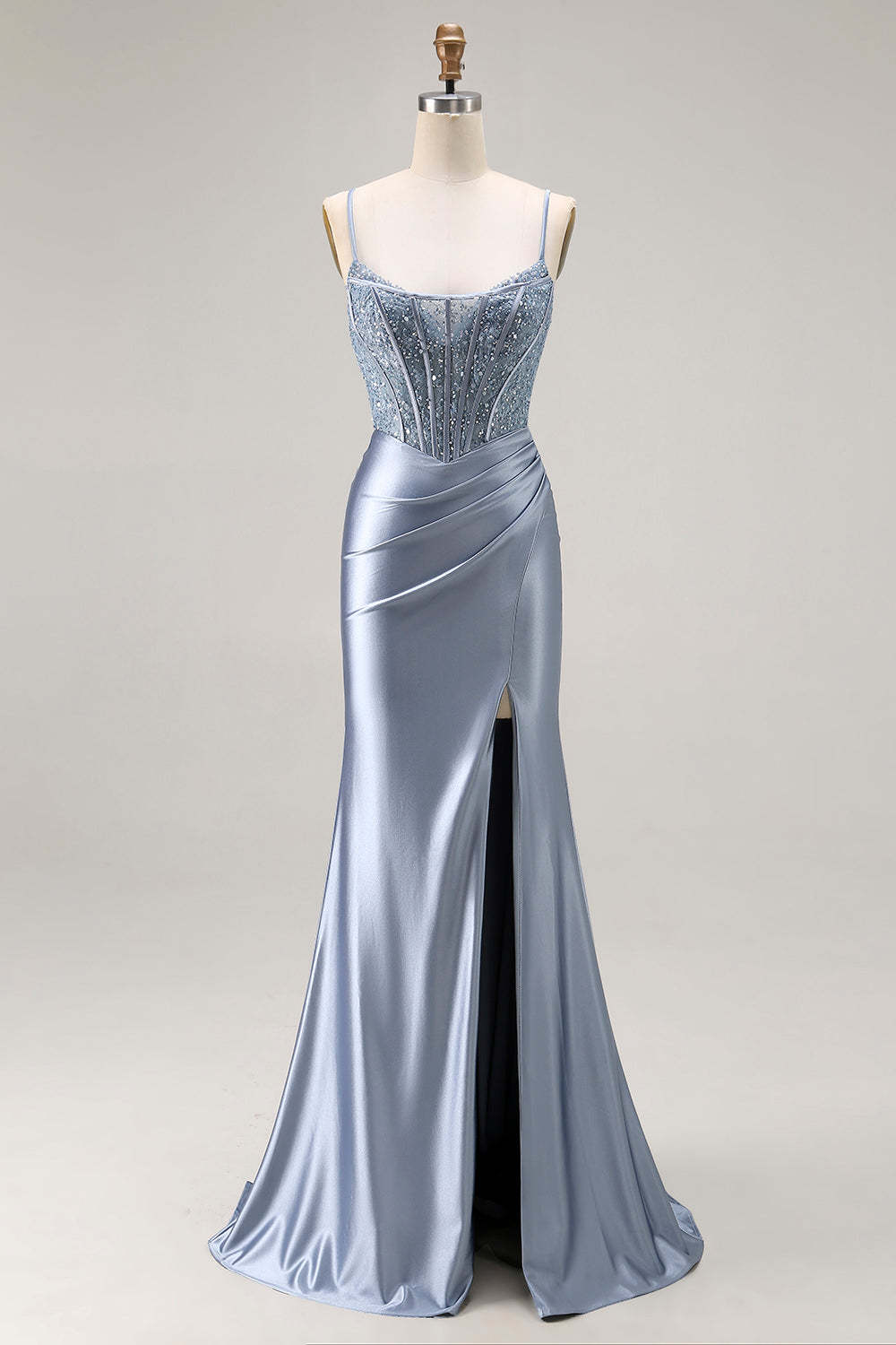 Sparkly Grey Blue Mermaid Corset Long Prom Dress with Slit