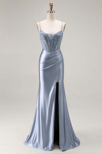 Sparkly Grey Blue Mermaid Corset Long Prom Dress with Slit