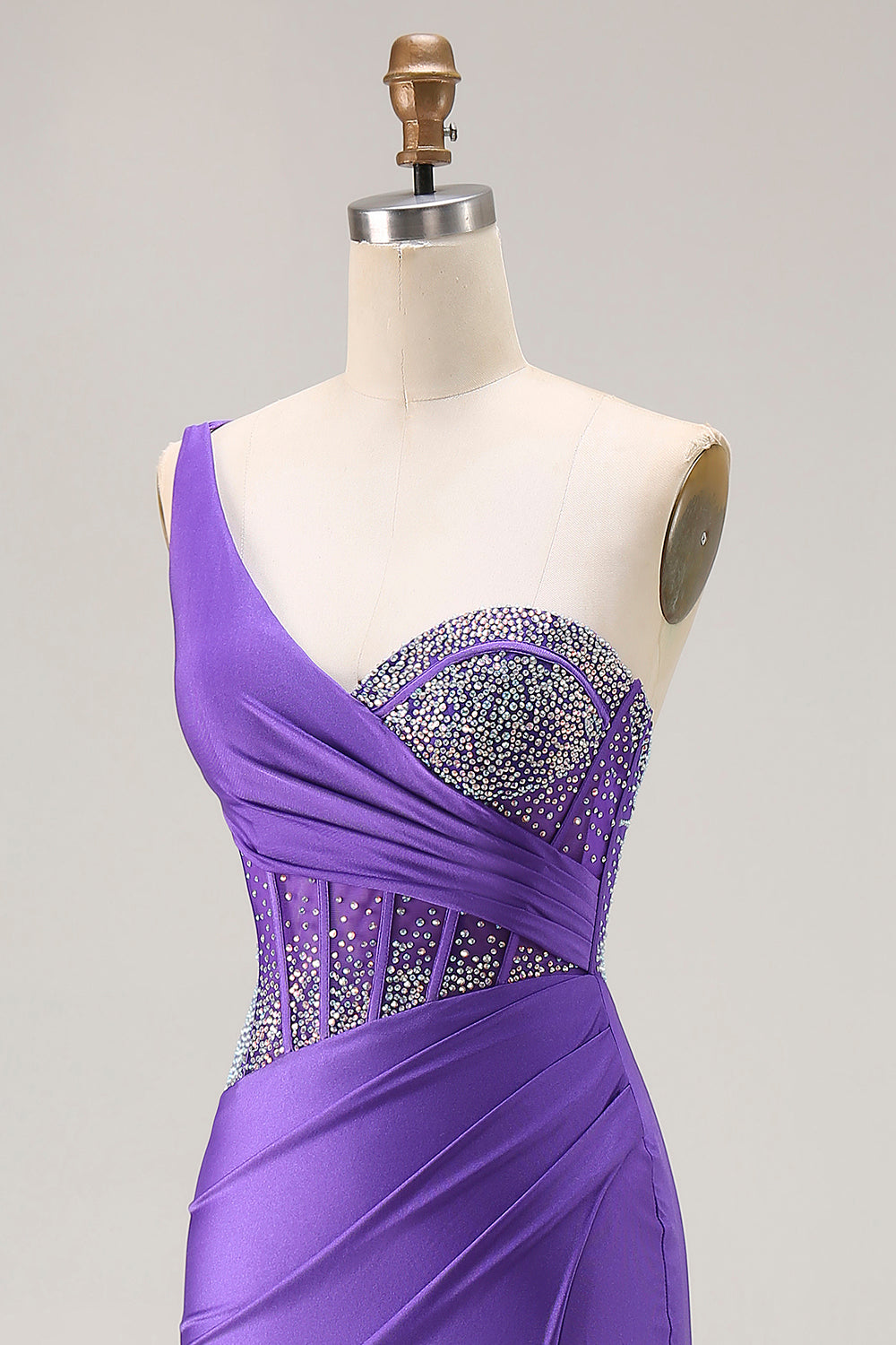 Sparkly Corset Dark Purple One Shoulder Long Prom Dress with Beading