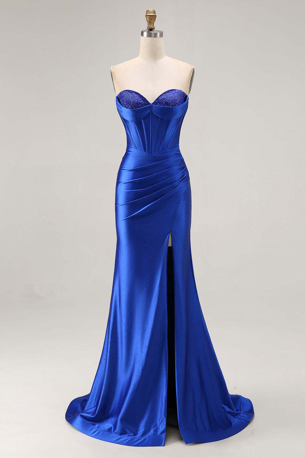 Leely Women Sparkly Royal Blue Corset Satin Long Prom Dress with Slit Mermaid Sweetheart Ruched Formal Dress with Beading