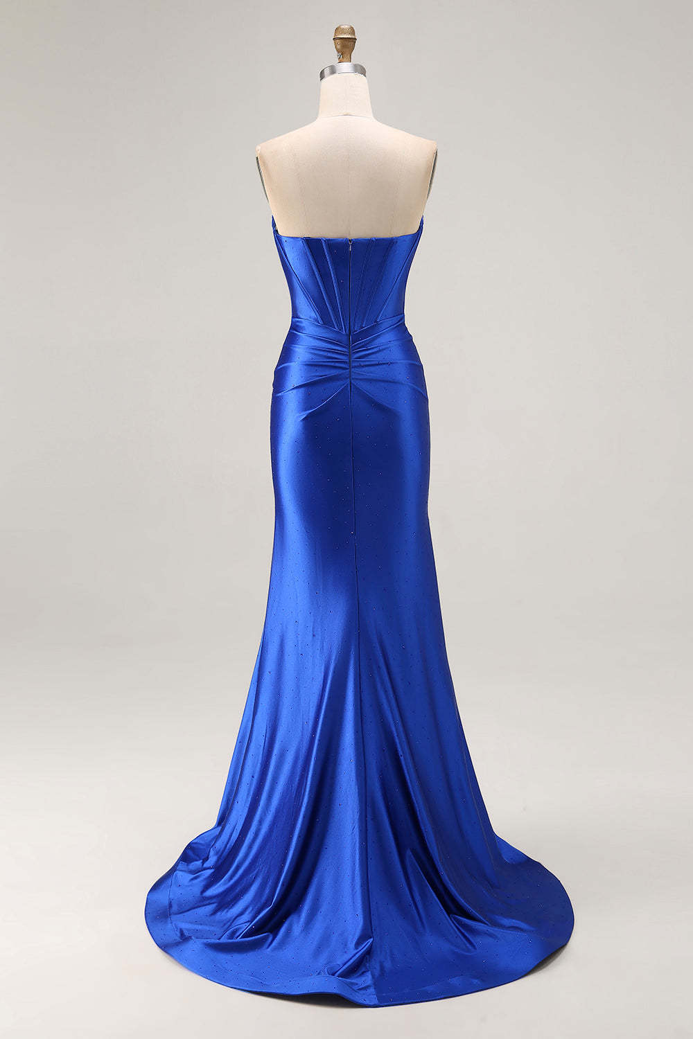 Sparkly Corset Royal Blue Mermaid Satin Long Prom Dress with Slit