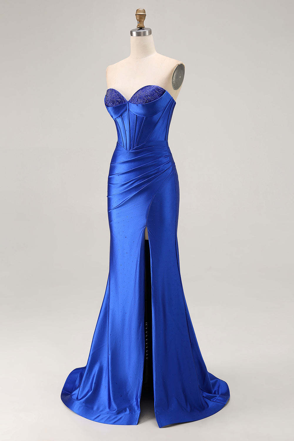 Sparkly Corset Royal Blue Mermaid Satin Long Prom Dress with Slit