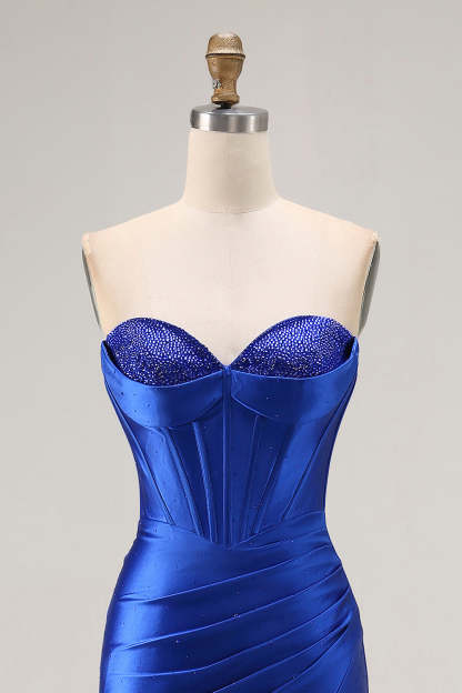 Sparkly Corset Royal Blue Mermaid Satin Long Prom Dress with Slit