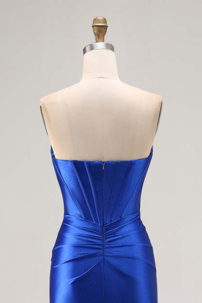 Sparkly Corset Royal Blue Mermaid Satin Long Prom Dress with Slit
