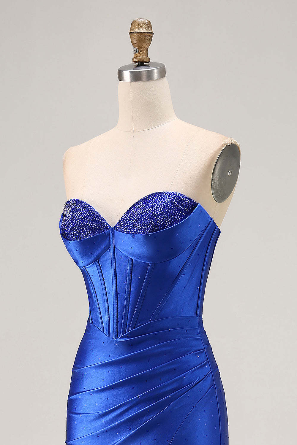 Sparkly Corset Royal Blue Mermaid Satin Long Prom Dress with Slit