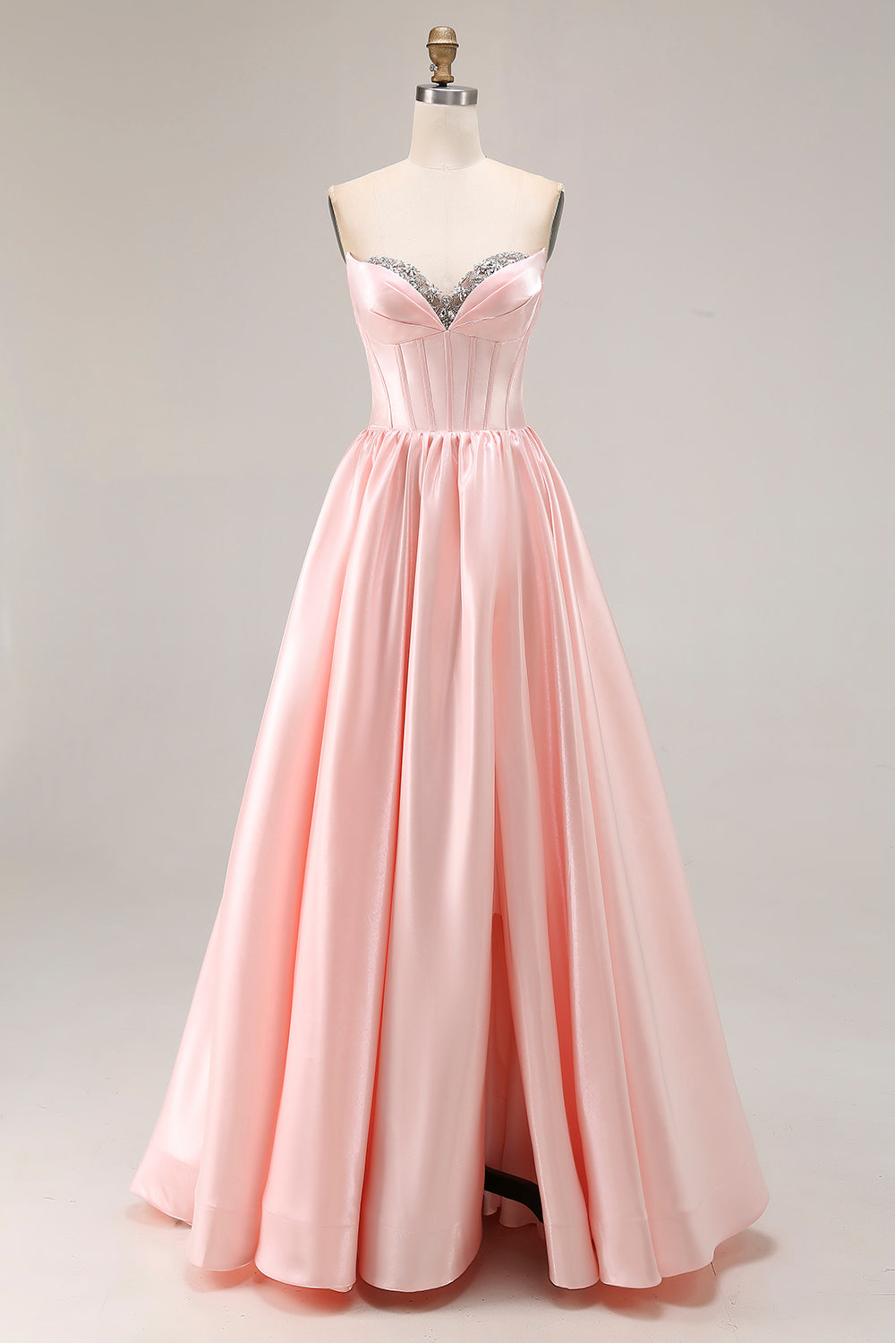 Leely Women Sparkly Corset Pink Satin Long Prom Dress with Slit A Line Sweetheart Formal Dress with Rhinestones