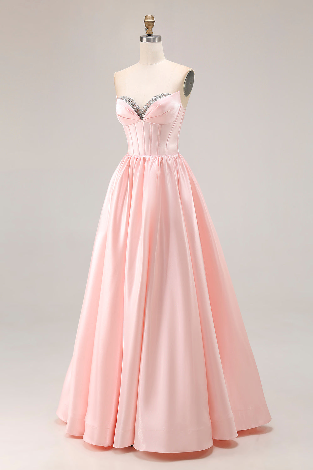 Sparkly Pink Satin A Line Sweetheart Long Prom Dress with Slit