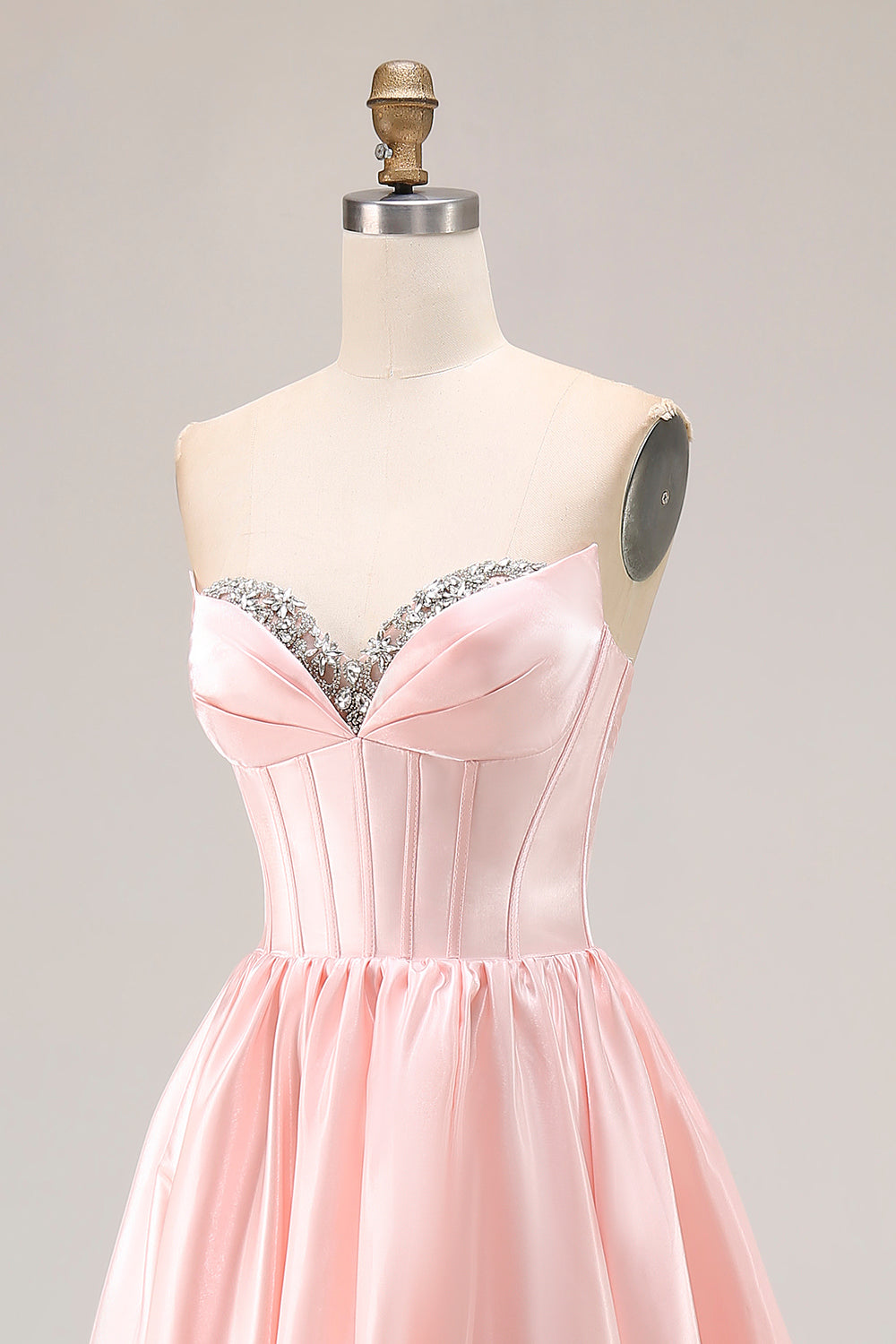 Sparkly Pink Satin A Line Sweetheart Long Prom Dress with Slit