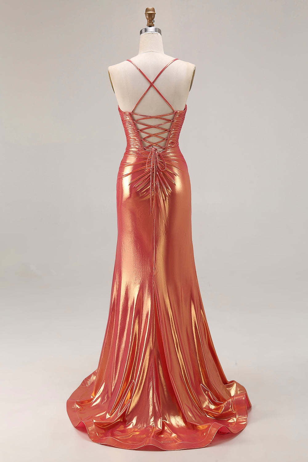 Sparkly Metallic Orange Mermaid Ruched Maxi Prom Dress with Slit