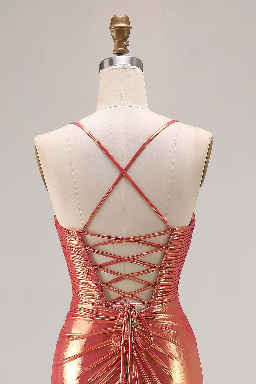 Sparkly Metallic Orange Mermaid Ruched Maxi Prom Dress with Slit