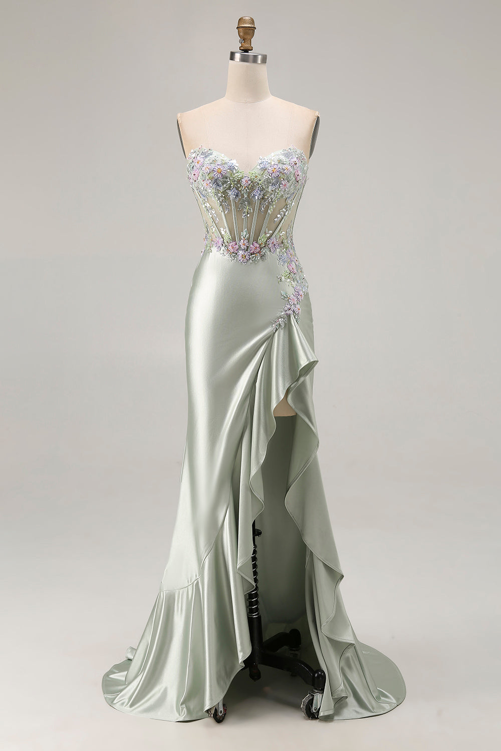Sparkly Floral Dusty Sage Corset Sweetheart Long Prom Dress