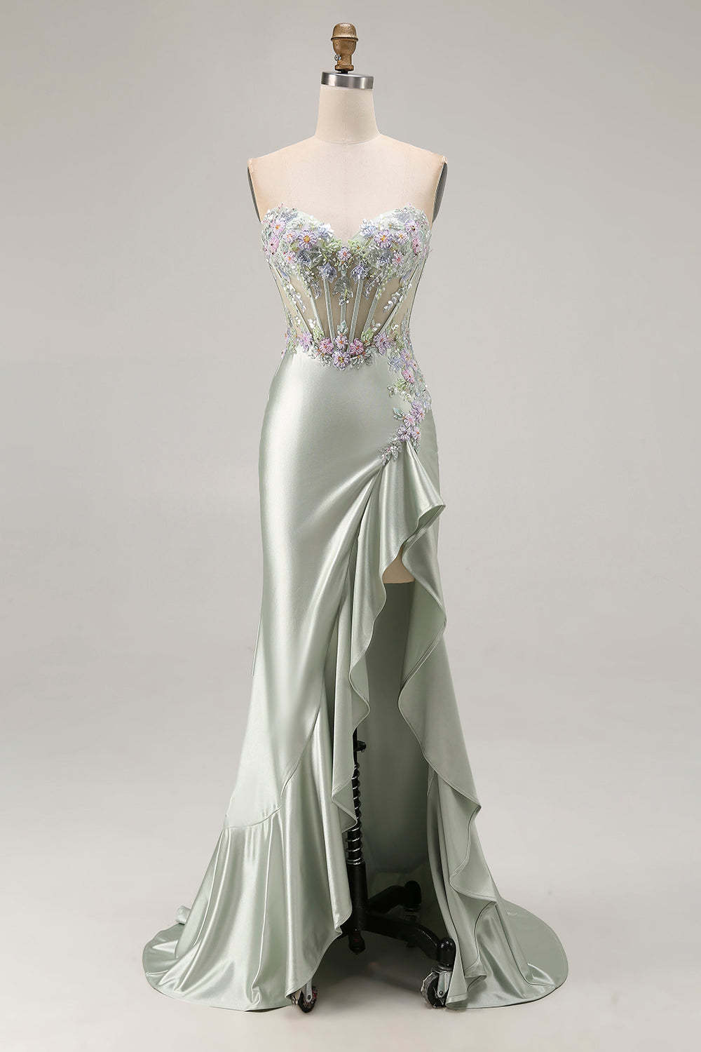 Sparkly Floral Dusty Sage Sweetheart Corset Long Prom Dress