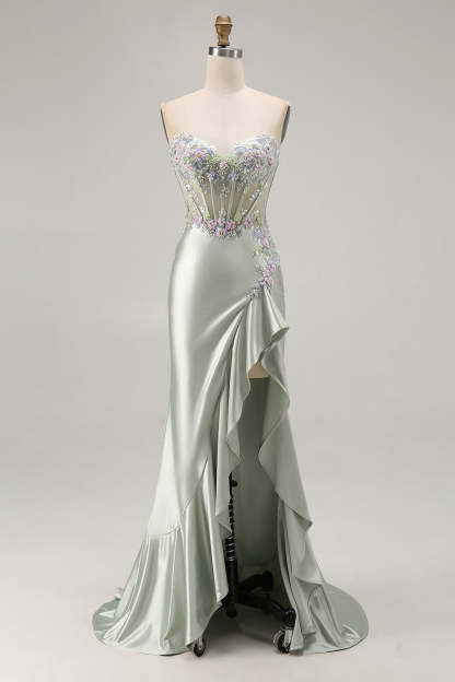 Sparkly Floral Dusty Sage Sweetheart Corset Long Prom Dress