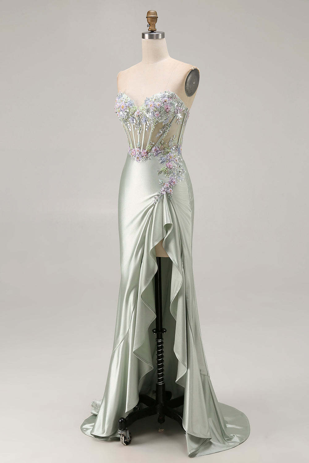 Sparkly Floral Dusty Sage Corset Sweetheart Long Prom Dress