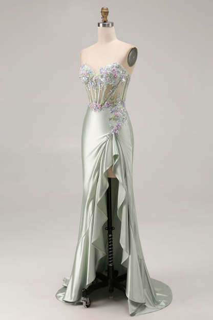 Sparkly Floral Dusty Sage Corset Sweetheart Long Prom Dress