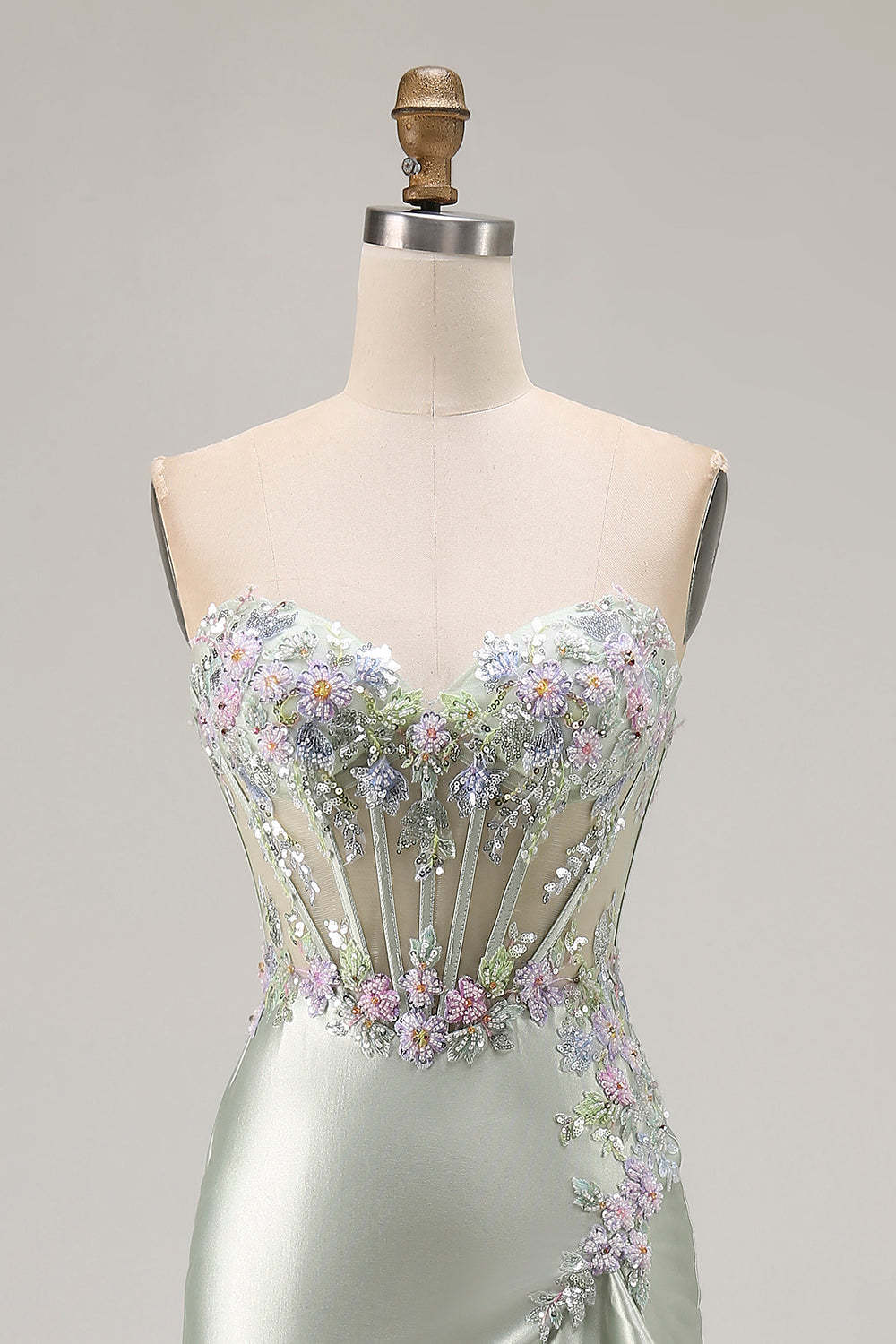Sparkly Floral Dusty Sage Corset Sweetheart Long Prom Dress