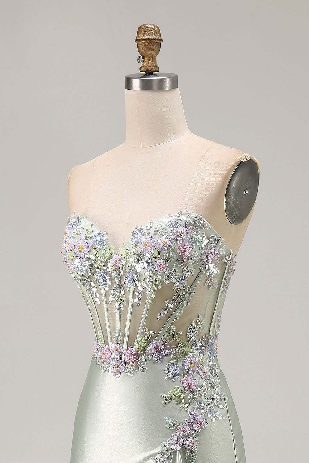 Sparkly Floral Dusty Sage Corset Sweetheart Long Prom Dress