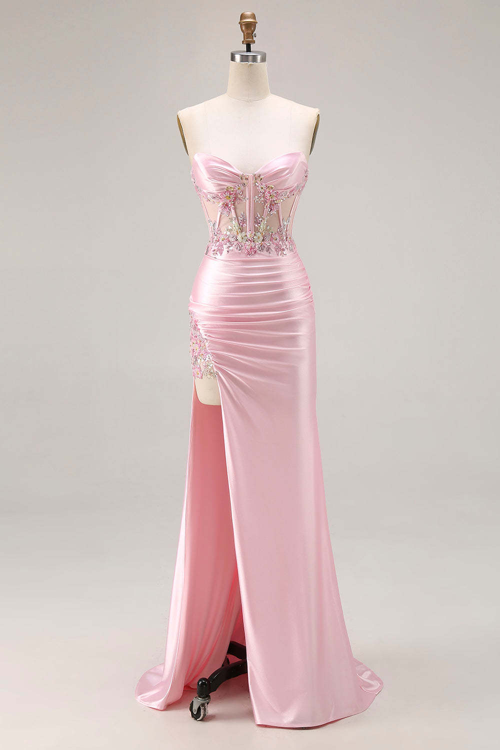 Sparkly Pink Strapless Corset Long Floral Prom Dress with Slit