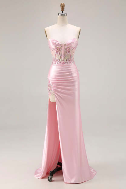 Sparkly Pink Strapless Corset Long Floral Prom Dress with Slit