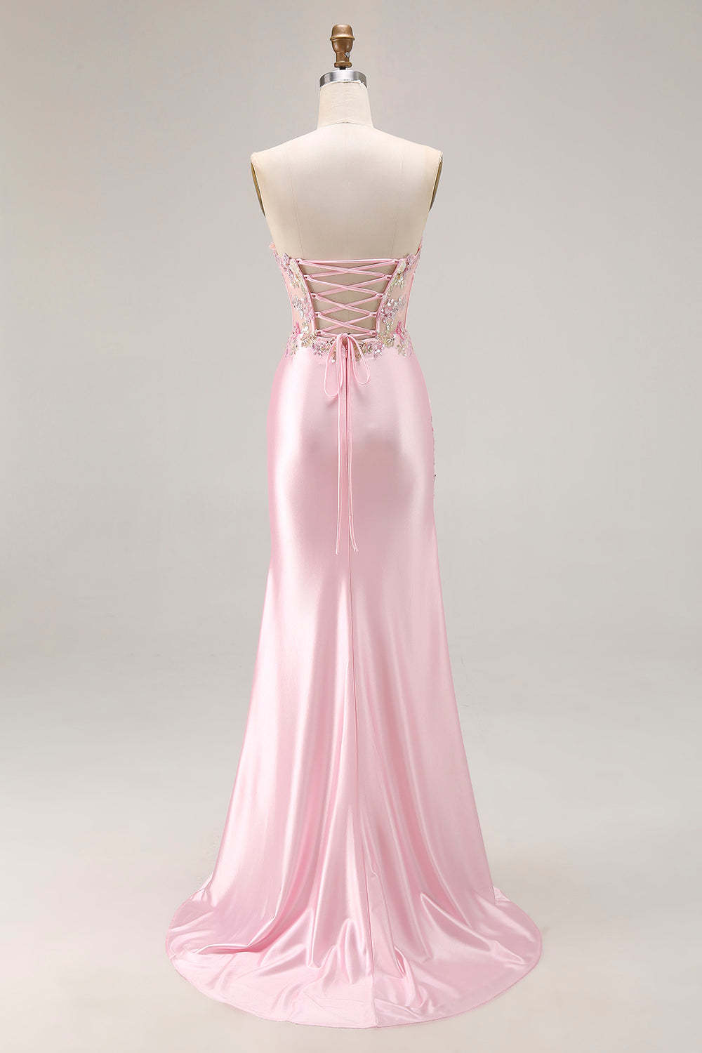 Sparkly Pink Strapless Corset Long Floral Prom Dress with Slit