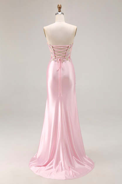 Sparkly Pink Strapless Corset Long Floral Prom Dress with Slit