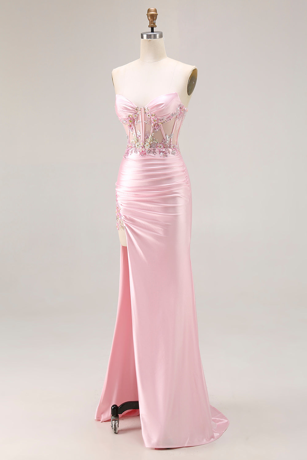 Sparkly Pink Strapless Corset Long Floral Prom Dress with Slit
