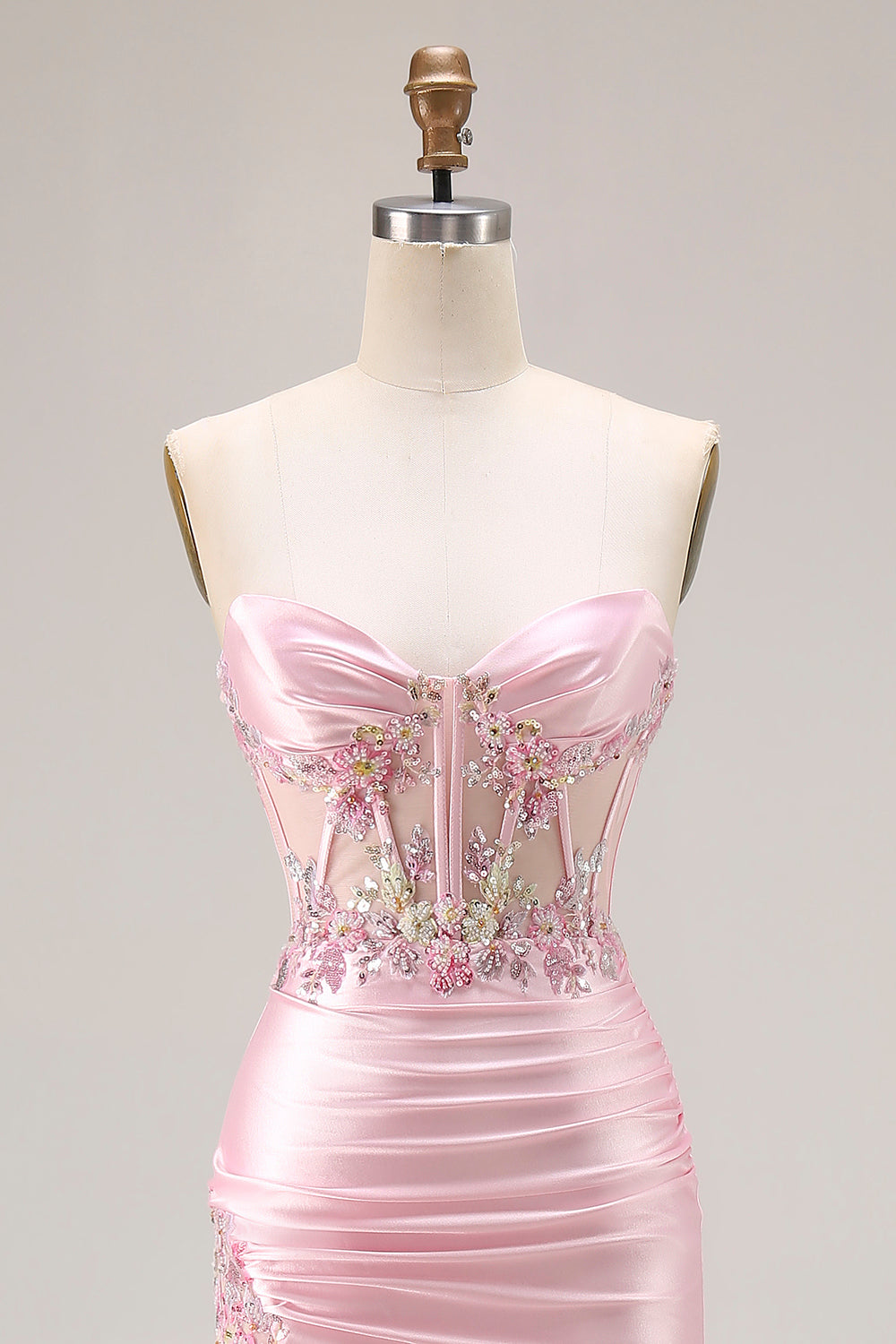 Sparkly Pink Strapless Corset Long Floral Prom Dress with Slit