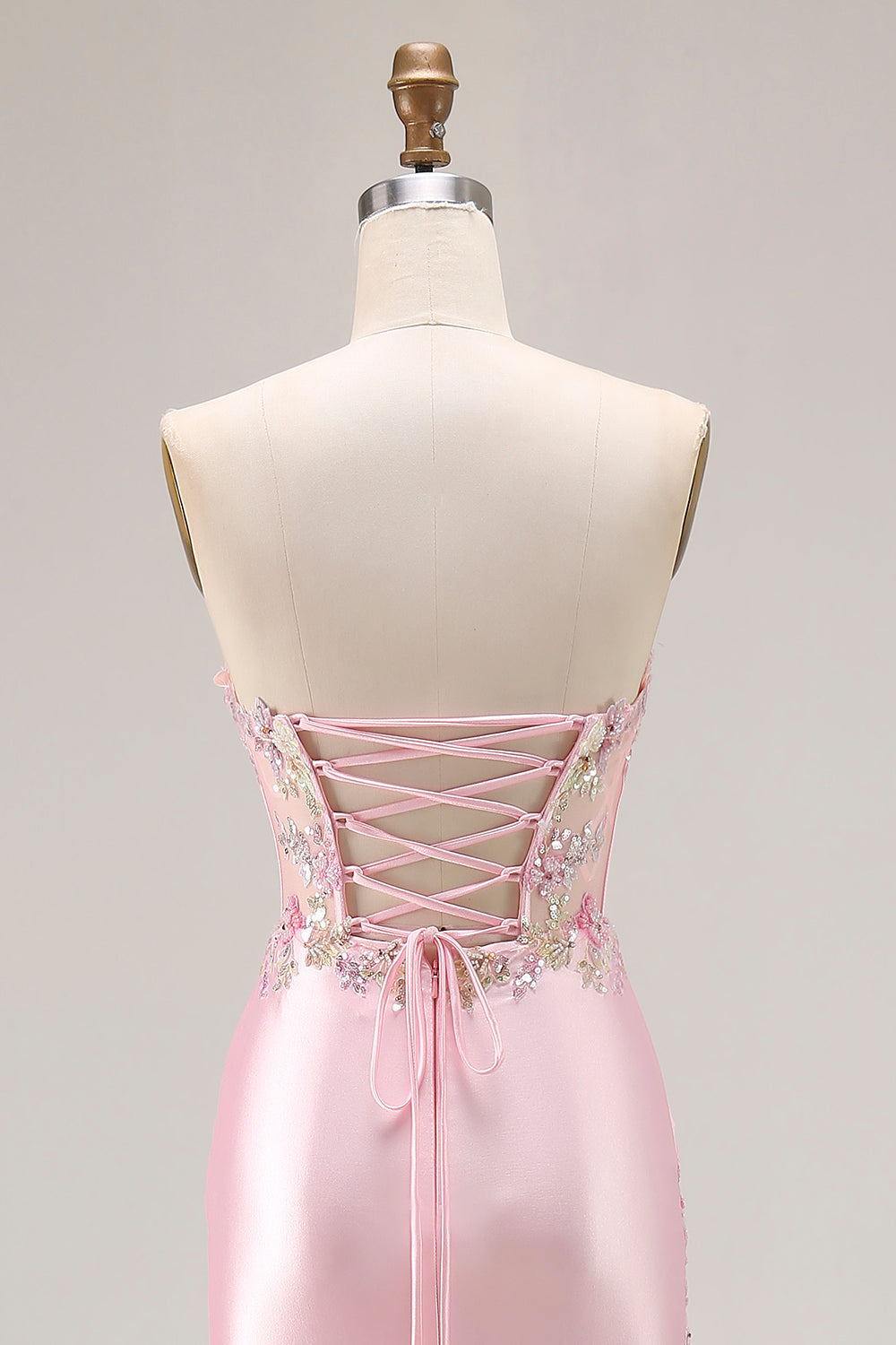 Sparkly Pink Strapless Corset Long Floral Prom Dress with Slit