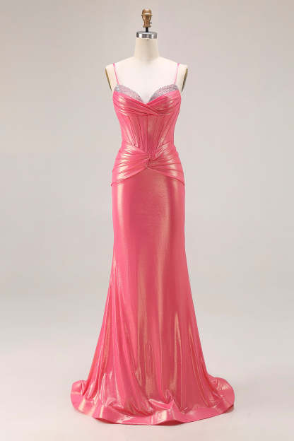 Leely Women Sparkly Corset Watermelon Metallic Long Prom Dress with Beading Spaghetti Straps Mermaid Lace Up Back Gala Dress