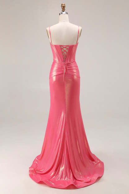 Sparkly Metallic Watermelon Corset Long Prom Dress with Beading