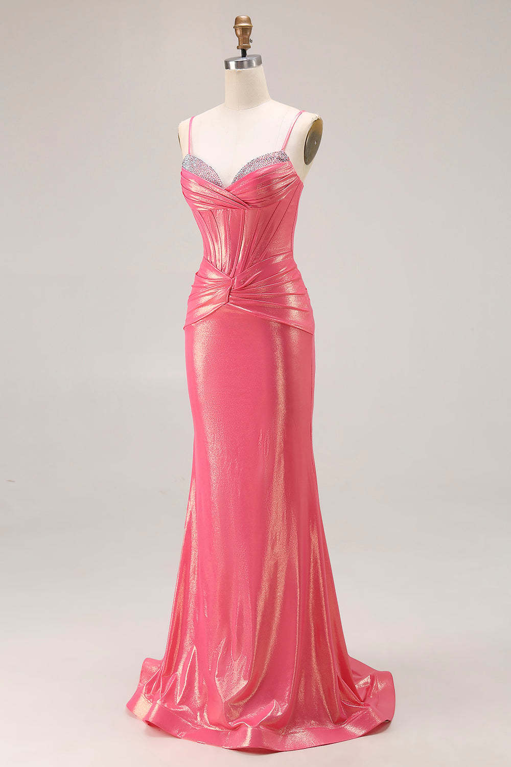 Sparkly Metallic Watermelon Corset Long Prom Dress with Beading