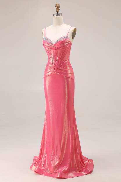 Sparkly Metallic Watermelon Corset Long Prom Dress with Beading