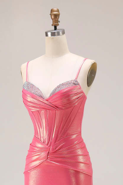 Sparkly Metallic Watermelon Corset Long Prom Dress with Beading