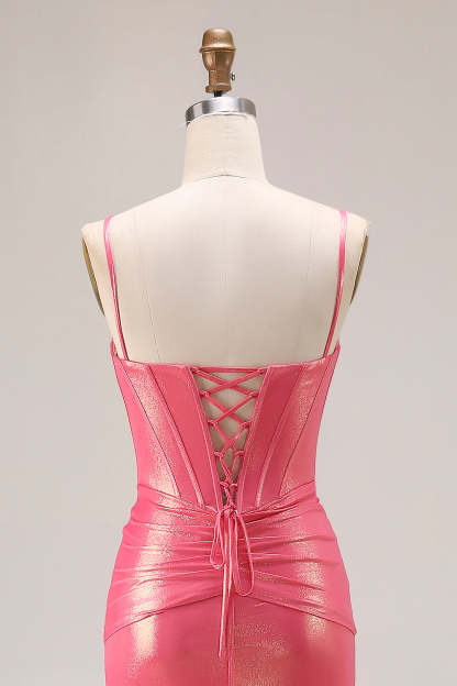 Sparkly Metallic Watermelon Corset Long Prom Dress with Beading