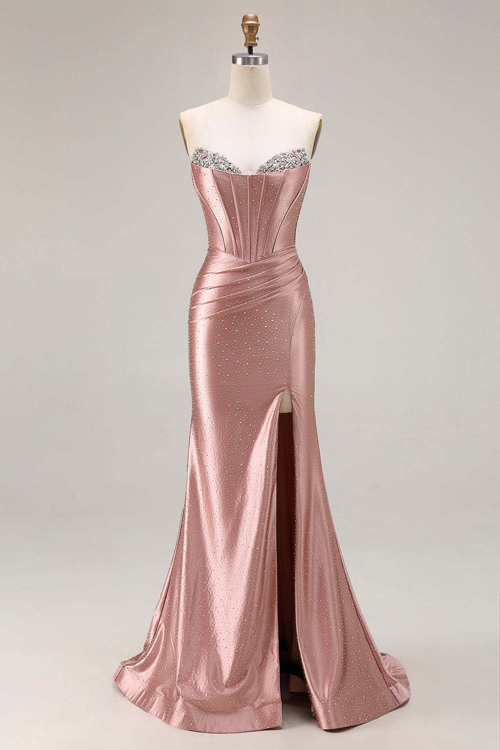 Sparkly Dusty Rose Corset Mermaid Long Prom Dress with Slit