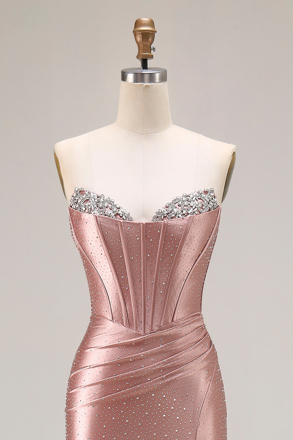 Sparkly Beaded Dusty Rose Corset Mermaid Long Prom Dress with Slit
