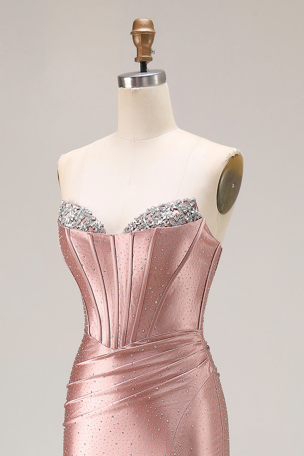 Sparkly Beaded Dusty Rose Corset Mermaid Long Prom Dress with Slit