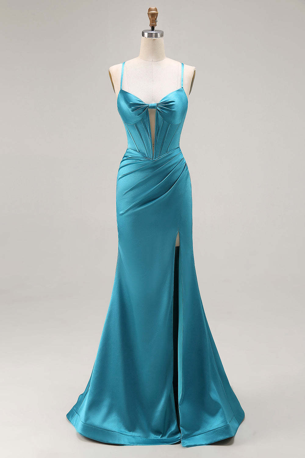 Leely Women Peacock Blue Corset Satin Long Prom Dress with Slit Mermaid Spaghetti Straps Keyhole Formal Dress with Bow