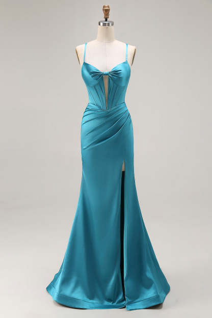 Leely Women Peacock Blue Corset Satin Long Prom Dress with Slit Mermaid Spaghetti Straps Keyhole Formal Dress with Bow