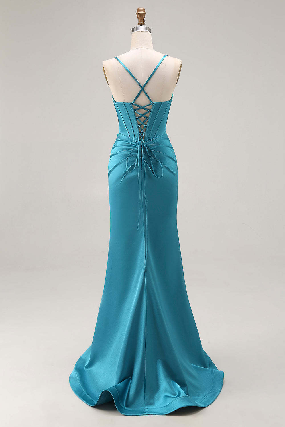 Peacock Blue Satin Corset Mermaid Maxi Prom Dress with Slit