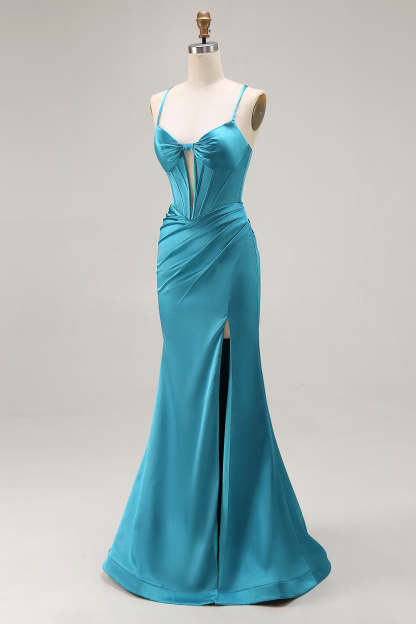 Peacock Blue Satin Corset Mermaid Maxi Prom Dress with Slit